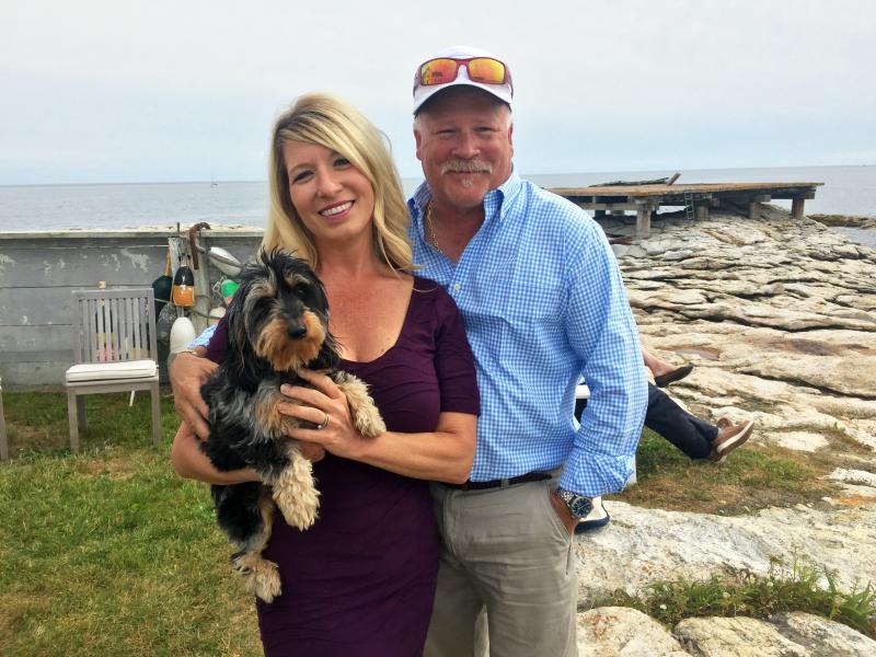 Innkeepers Heather and Mark Zinkiewicz with their long-haired, wire-haired, miniature, dappled dachshund, Piper. SUZI THAYER/Boothbay Register