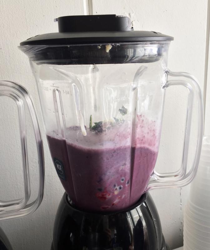 A Leah’s Special smoothie ready in the blender. SUZI THAYER/Boothbay Register
