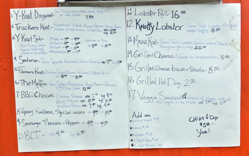 The sandwich menu at Y-Knot takeout stand. SUZI THAYER/Boothbay Register