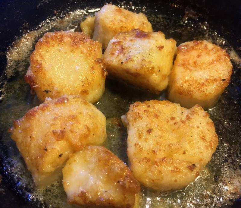 Golden brown pan-seared scallops with lemon deglaze. SUZI THAYER/Boothbay Register