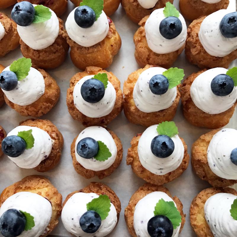Blueberry cheesecake Bavarian cream puffs, with blueberry compote and blueberry whipped cream. Courtesy of Michelle Amero