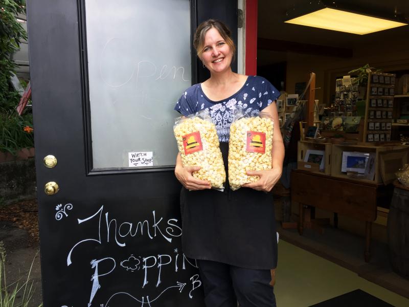 Jennifer Ingham stands in the doorway of her popcorn shop, Cameron Clan Kettle Corn in Wiscasset. SUZI THAYER/Boothbay Register