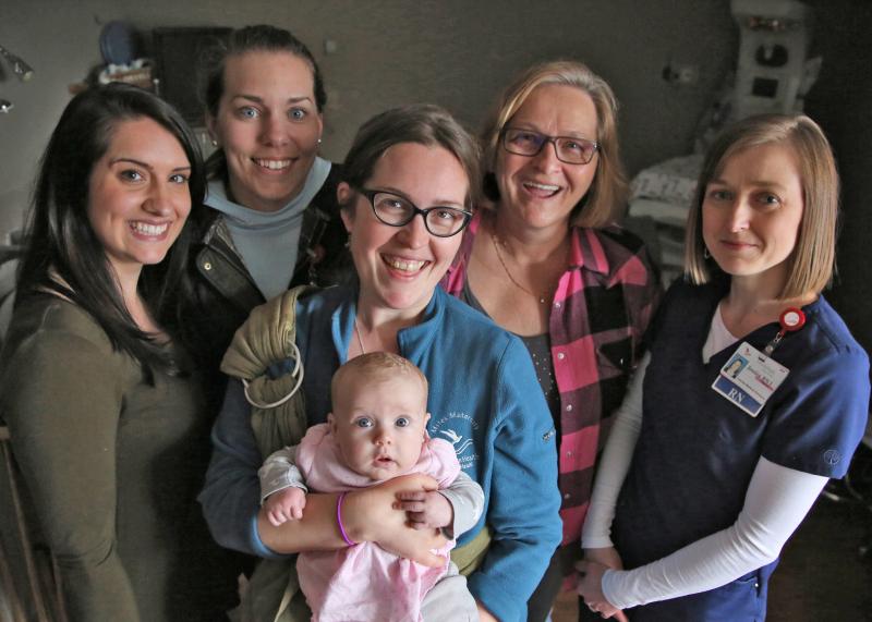 LincolnHealth Miles Maternity has several Certified Lactation Counselors® (CLC) and International Board Certified Lactation Consultants® (IBCLC) to provide moms with optimal breastfeeding support. Left to right: Danielle Peart, RN, CLC; Kim Macomber, RN, CLC; Elizabeth Cole, RN, CLC; Glenda Beverage, RN, IBCLC; and Jessica Taylor, RN, CLC pictured with baby Maida. Courtesy of LincolnHealth