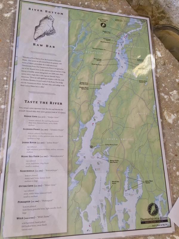 The menu at River Bottom Raw Bar features a map indicating the oyster farms on the Damariscotta River represented by the new business. SUZI THAYER/Boothbay Register