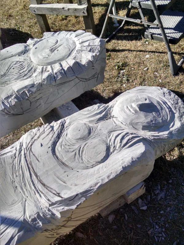Lisa Becu, of Portland, is working on a diptych of the Sun and the Moon. Margaret Hoffman photo Maine Coast Stone Symposium