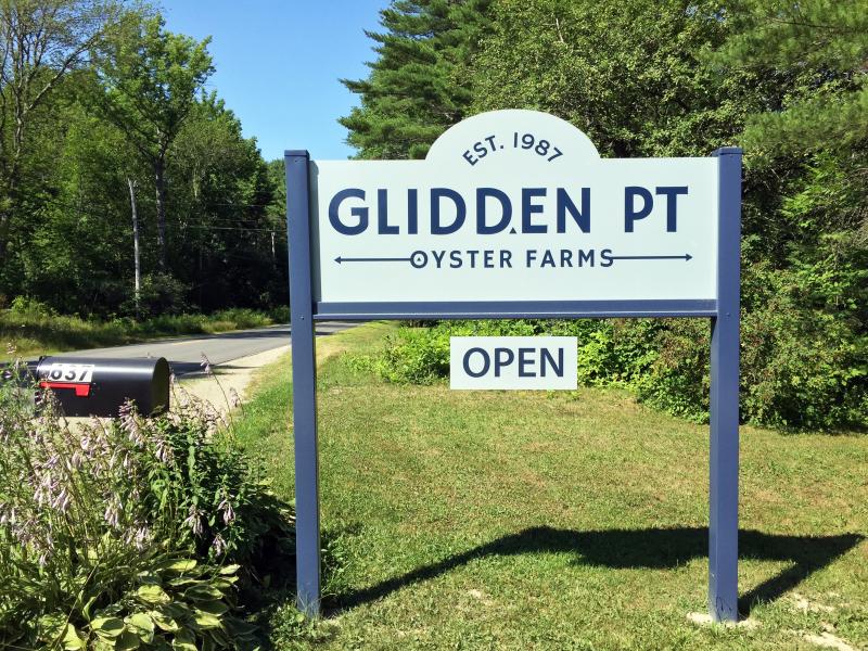 The Glidden Point Oyster Farm sign at 637 River Road in Edgecomb. SUZI THAYER/Boothbay Register