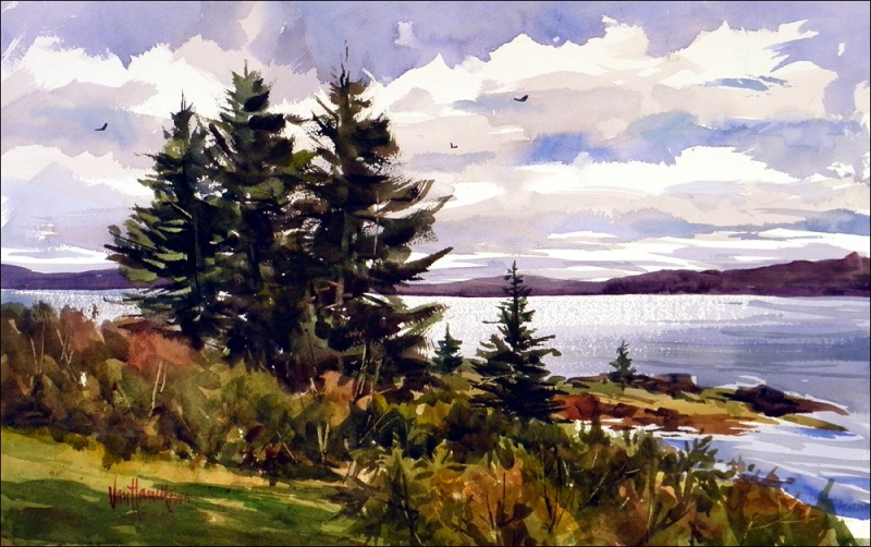 “Maine Island View” - watercolor, Tony van Hasselt. Courtesy of Hilary Bartlett Tony van Hasselt