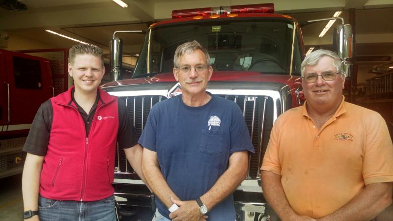 “When a home fire strikes, you have only about two minutes to escape safely. Smoke alarms can make all the difference,” says Southport Fire Chief Gerry Gamage (right), pictured with Red Cross Disaster Program Manager Larry French (left) and Boothbay Fire Chief Richard Spofford (center). Local fire departments are partnering with the American Red Cross of Maine to install free smoke alarms in Southport, Boothbay and Boothbay Harbor on Saturday, Aug. 26. Courtesy photo