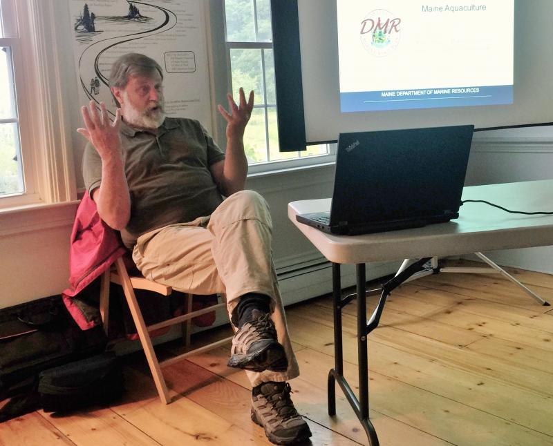 Jon Lewis, director of the Division of Aquaculture for the Department of Marine Resources, begins his presentation. JOSEPH CHARPENTIER/Boothbay Register