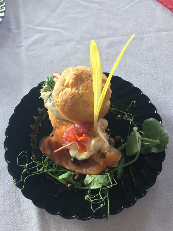 At Fisherman’s Wharf, Chef Stephen Richards served a smoked salmon belly, mascarpone stuffed gruyere with maple,cracked black pepper cured cold smoked salmon with olive oil whipped ricotta, smoked salmon roe and hot smoked salmon pickled onion cintronette. Yes, that is a mouthful. SUE MELLO/Boothbay Register