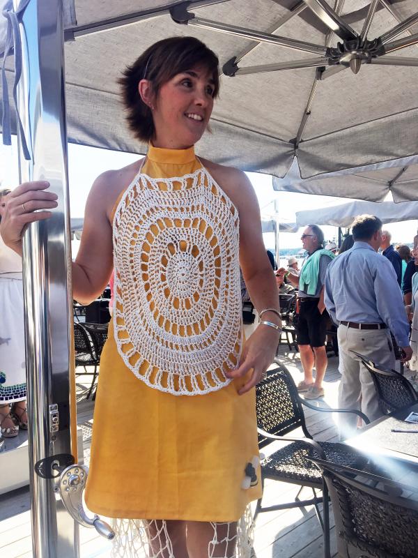 July Hasch modeled her own design, dedicated to the late lobsterman Earl Brewer. SUZI THAYER/Boothbay Register