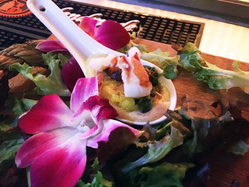 Thistle chef-owner Dick Reid’s winning tasty bite was butter-poached lobster with truffled (Thistle) Newburg sauce, on a pan-seared saffron risotto cake, with microgreens, and a port wine reduction.SUZI THAYER/Boothbay Register