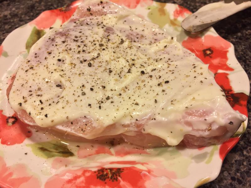 Slather swordfish with mayo and salt and ground pepper before grilling. SUZI THAYER/Boothbay Register