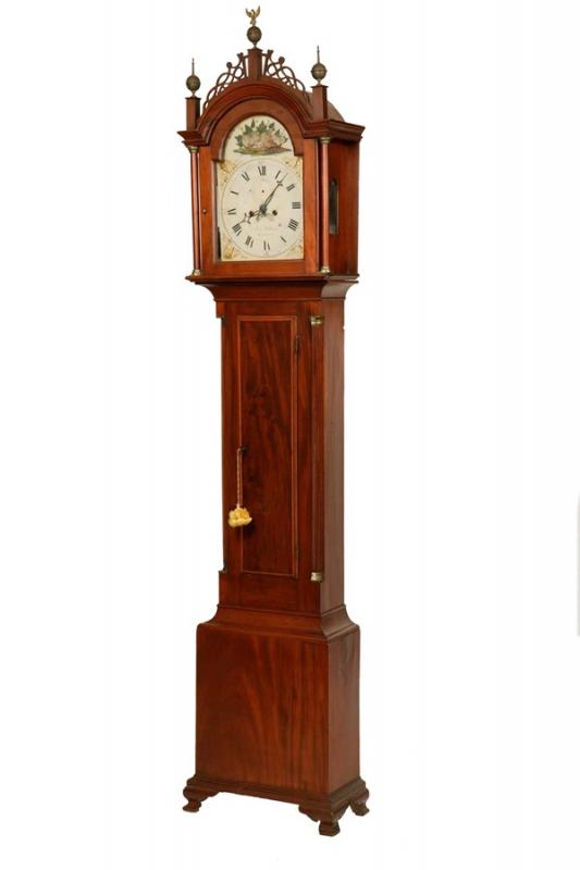 Mahogany tall case clock by Asa Wilkens of Wiscasset, ME (active 1810-1832). Courtesy of Thomaston Place Auction Galleries