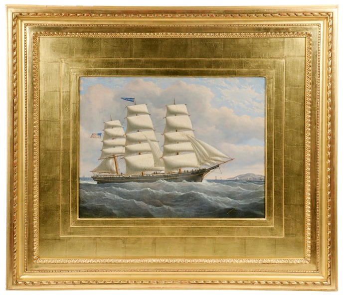 Portrait of the Thomaston, ME-built Clipper Ship "Kendrick Fish" Approaching a Coast, oil on canvas, by John Hughes (UK, 1806-1880). Courtesy of Thomaston Place Auction Galleries