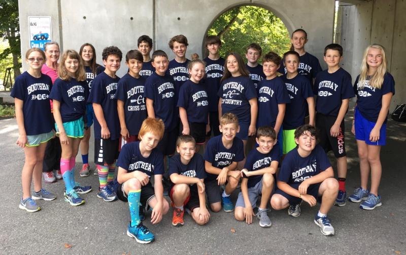 The 2017 Boothbay Region Elementary School cross-country team. Pictured from left are, front row: Slade Basdon, Gabe Barter, C.J. Savastano, Ryan Clark, and Dylan North; middle row: Madison Peters, Grace Campbell, Gavin Carlson, Ryan Amaral, Sebastian Warren-Burdin, Suzy Edwards, Maya Pangburn, Duncan Hardwick, Alec Murphy, Gryffin Kristan, and Nora Conlin; back row: Coach Hildy Johnson, Jazmine Balducci, Conner Dover, Lucas Hardwick, Chase Carty, Sam Page and Grace Campbell. Missing from photo is assistant coach Lisa Arsenault. Courtesy of Cory Chase/BRES