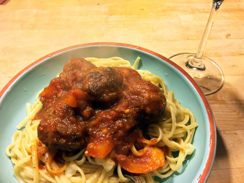 Spags ’n balls and a glass of wine. Hello. SUZI THAYER/Boothbay Register