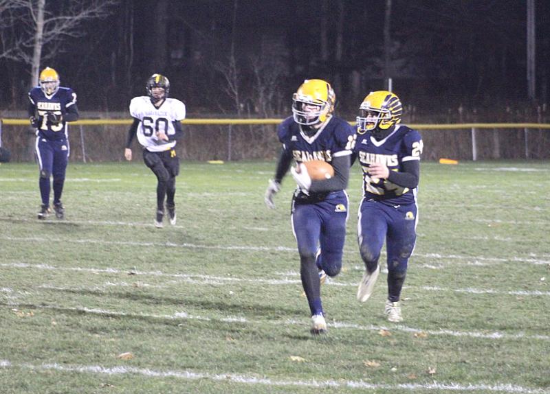 Boothbay wingback Hunter Crocker tied Nov. 10’s Class E Championship game with a 43 yard catch and run against Maranacook. Boothbay won, 20-14, capping a 10-0 season. STEVE EDWARDS/Boothbay Register