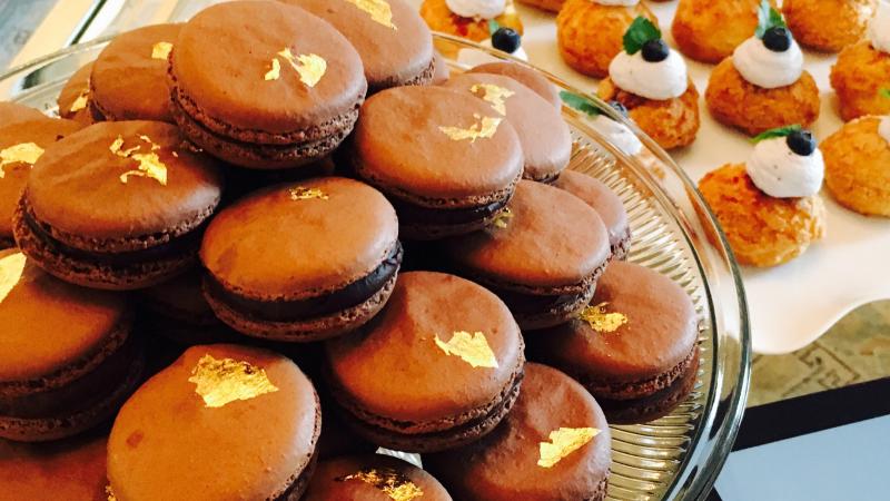 How macarons are suppose to look. These chocolate ones with gold leaf were not made by me, but by pastry chef Alex Tallen. Courtesy of Alex Tallen