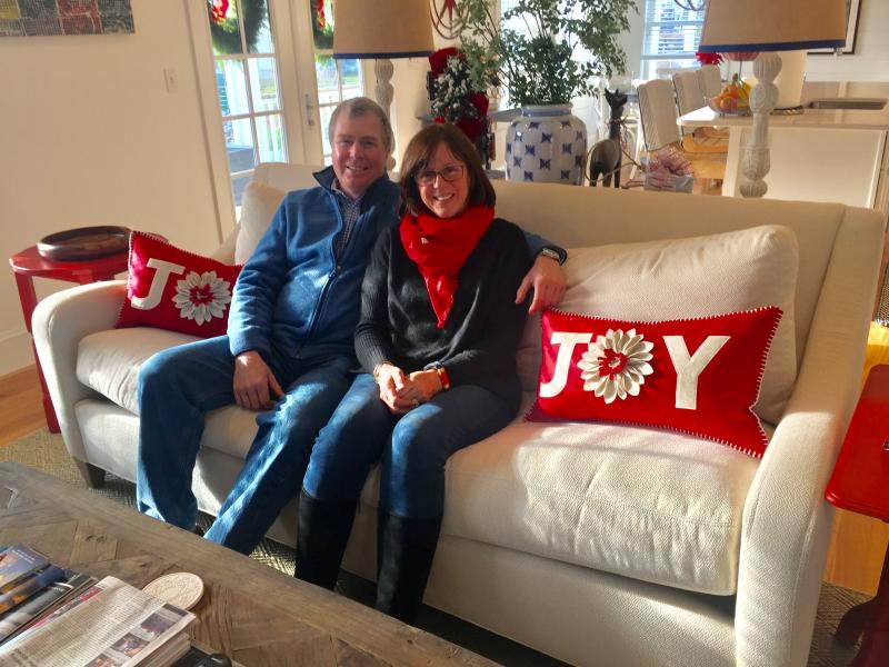 Tom and Patty Minerich on the first floor unit of their luxurious Boothbay Harbor rental duplex. SUZI THAYER/Boothbay Register