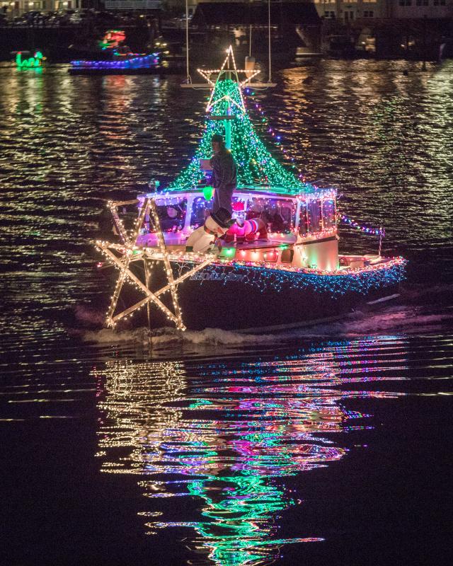 Shoals Run, captained by Andrew Hallinan, took second place in the 2017 Harbor Lights Lighted Boat Parade contest. Courtesy of Michael Leonard