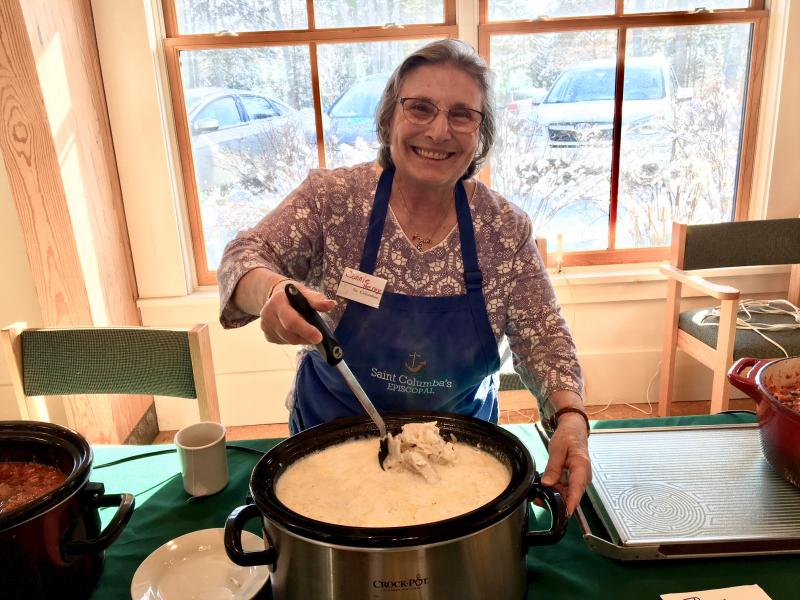Some of Bruce Burnham’s coveted fish chowder being served up at St. Columba’s Episcopal Church on Jan. 18. SUZI THAYER/Boothbay Register