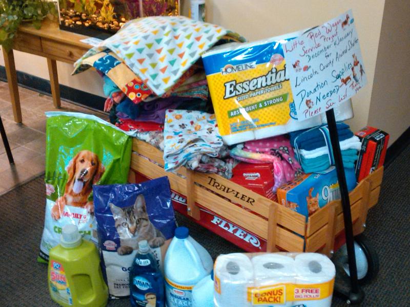 The Community Center’s “little red wagon” is loaded with donated items for the Lincoln County Animal Shelter. JANE CARPENTER/Boothbay Register