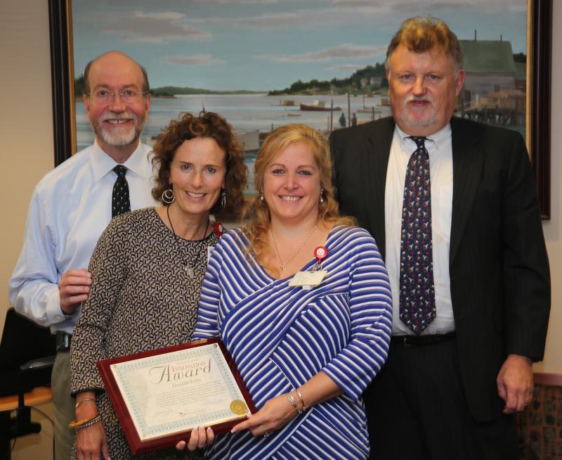 Pictured from left, LincolnHealth President and CEO Jim Donovan, Miles & St. Andrews Home Health & Hospice Executive Director Kathy Bean, RN, Clinical Software Support Assistant and John A. Bowers Innovation Award recipient Danielle Feltis, and LincolnHealth Board Chairman Bill Logan. Courtesy of LincolnHealth