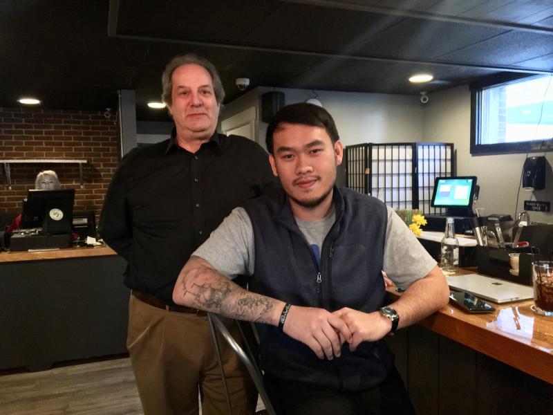 O-Cha owner Pongsakorn Hanjitsuwan, or Job, front, with manager Jason Simmonds, at the restaurant in Damariscotta. SUZI THAYER/Boothbay Register