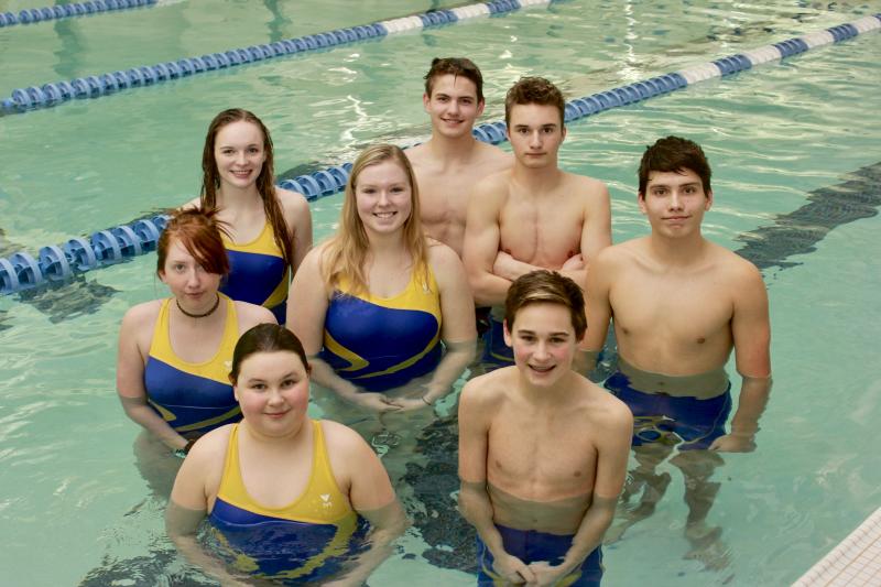 The BRHS swimmers who competed at the state meets. The girls, from front to back, are Maren Whitney, Ashley Ames, Emma Pearce and Evy Case. The boys from front to back are Jameson LaBrecque, Graham Harris, Rowan Kristin and Fox Elder. Courtesy of Earl Brewer