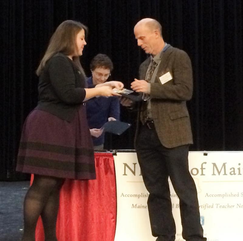 Mark Gorey of BRHS was one of 50 Maine teachers to become new National Board Certified Teacher inductees. He is shown here at the official pinning ceremony held in Augusta. Courtesy of Nathalie Gorey