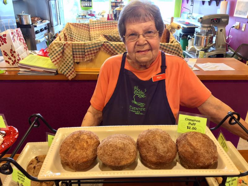 Mim Martin loves the cinnamon puffs at Eventide. Everyone else does, too. SUZI THAYER/Boothbay Register