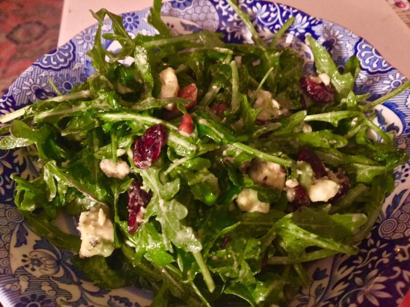Arugula salad, with dried, sweetened cranberries, crumbled blue cheese, pecan pieces, avocado, and a little of my favorite salad dressing. SUZI THAYER/Boothbay Register