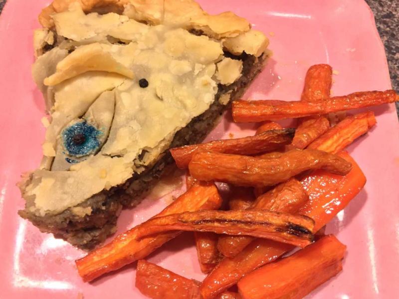 A piece of torture pie, with eye, and some roasted carrots. SUZI THAYER/Boothbay Register