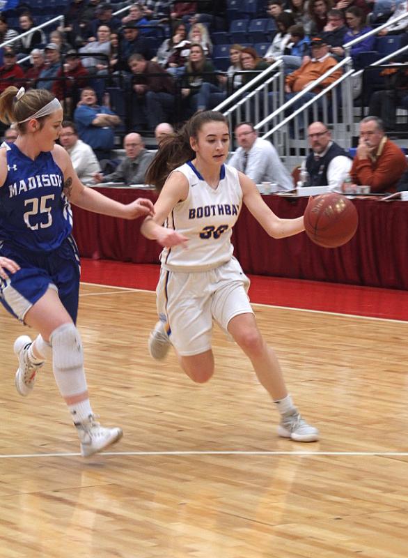 Chloe Arsenault tries to beat a Madison defender on a drive to the basket in the first half of Thursday’s game at the Augusta Civic Center. STEVE EDWARDS/Boothbay Register