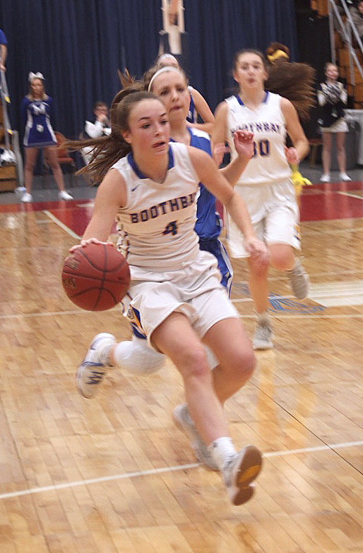 Sydney Meader dribbles toward the basket during a fast-break in Thursday’s game against Madison. STEVE EDWARDS/Boothbay Register