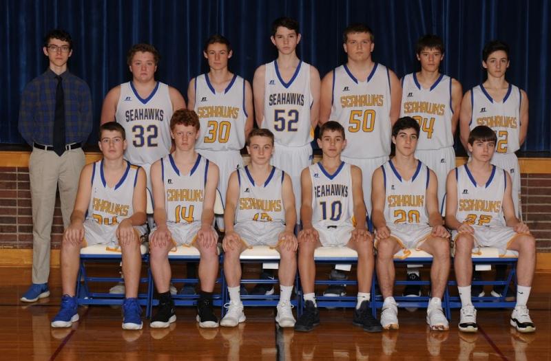 The Boothbay Region High School boys junior varsity basketball team. Pictured from left are, front row, Quinn Ranta, Kaleb Ames, Stephen Bennett, Sullivan Rice, Michael Hollowell and Deakon Harrington; back row: manager Max Hoecker, Kaeden Davis, Will LaBrecque, Ben Pearce, Alex Hibbard, Owen Barter and Brett Hollowell. Courtesy of BRHS