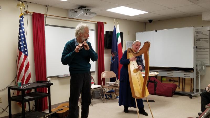 Fred Gosbee, left, accompanies Julia Lane during their performance of “Mary’s Dream” at the LCHA’s winter lecture series Feb. 11. KATRINA RICKERMANN/Wiscasset Newspaper