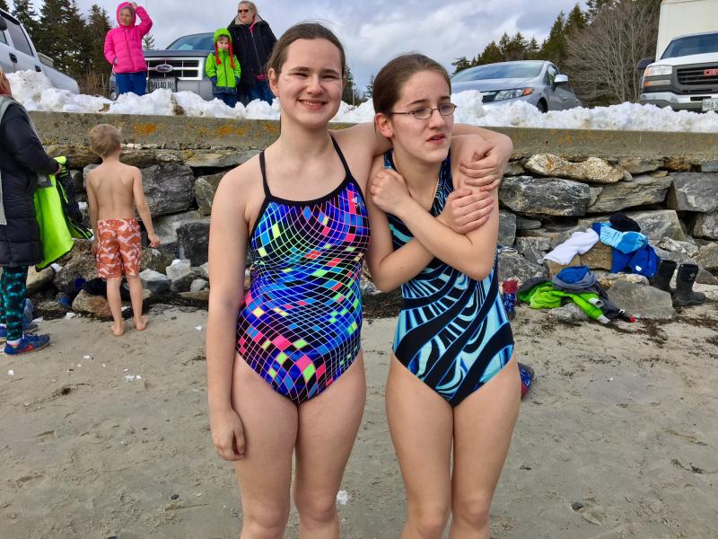 The Giles sisters, Valerie and Grace, at the Leprechaun Leap at Hendricks Head Beach on Southport Island. SUZI THAYER/Boothbay Register