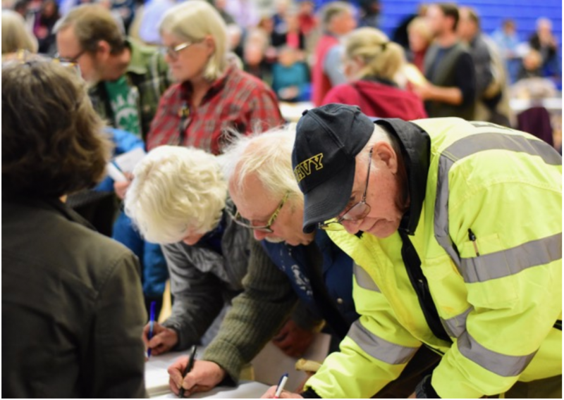 Boothbay, Boothbay Harbor, Edgecomb, Southport and Westport Island democrats register for the caucus in Boothbay Harbor. Courtesy photo