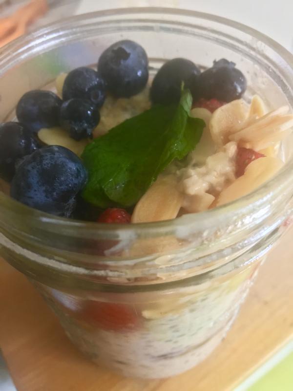 A breakfast oatmeal parfait, with chia seeds and fresh fruit: Raspberries, strawberries, blackberries and blueberries, topped with sliced almonds and a swirl of Maine maple syrup, all served in a Mason jar. SUZI THAYER/Boothbay Register