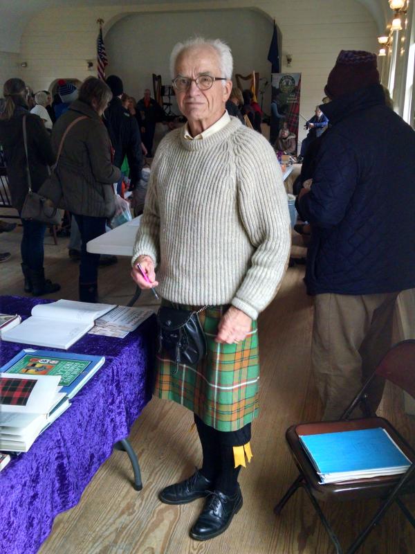 Highland dress, including kilts, is welcome but not required at the annual Tartan Day celebration hosted by the Boothbay Railway Village and the St. Andrews Society of Maine. Historian Bill McKeen is shown here wearing his kilt at last year’s celebration while sharing his vast knowledge of Scottish history. Courtesy of BRV