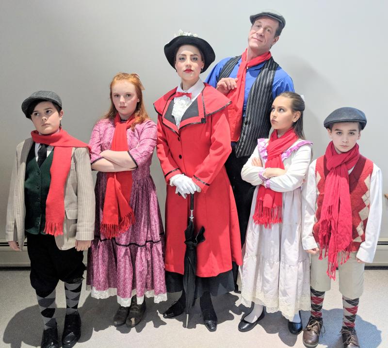 “Mary Poppins” cast, from left: Ronan Cullina (Michael Banks), Caitlin Ellis (Jane Banks), Julia Nadeau as Mary Poppins, with Michael Blakemore (Bert), Hali Isaacson (understudy Jane) and Joshua Allard (understudy for Michael). Courtesy of MYT