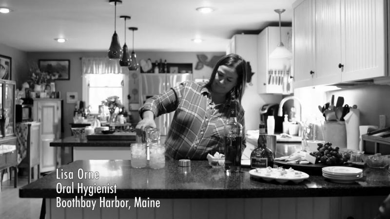 In the commercial, Lisa Hallinan mixes up some pomegranate margaritas at her kitchen island. Courtesy of Maine Spirits