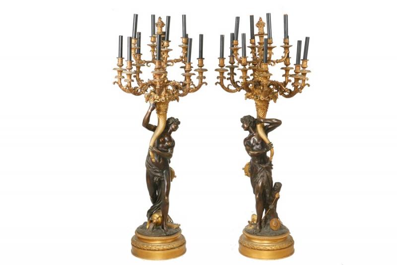 Pair of French gilded and patinated bronze 12-arm figural candelabra. Courtesy photo