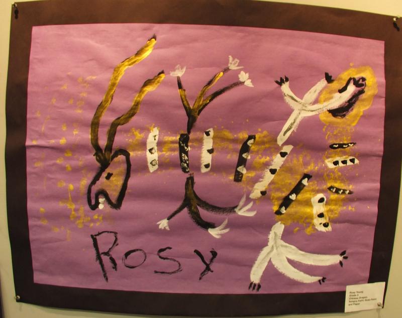 Rosy Young. Grade 2. Southport Central. “Chinese Dragon," tempura and gold paint, bubblewrap, on paper.