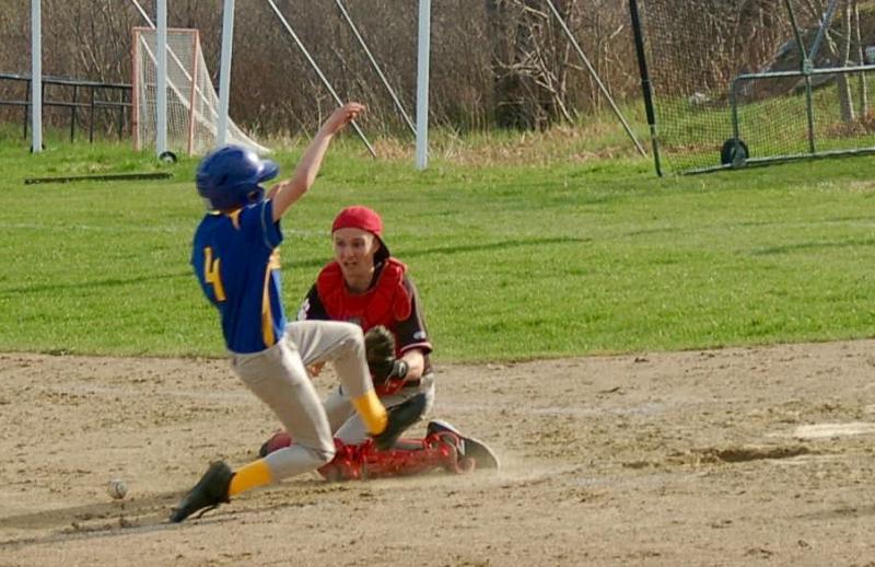 Jameson LaBrecque slides into home. ART MAYERS/Boothbay Register