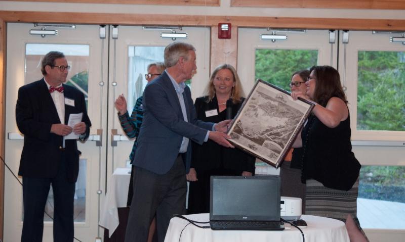 Senator Angus King presents the Most Notable Nonprofit Award to representatives of the Boothbay Region Community Resource Council. Courtesy of Sara Moore