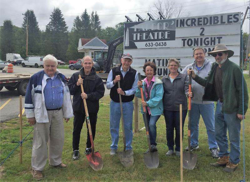 On site and ready to break new ground from left are Harbor Theater board members Tom Tavenner, Tom Patrick, Bob Devine and Robin Jordan, theater employee Lisa Perry, contractor Mike Tomko, and theater manager Jason Sheckley. LISA KRISTOFF/Boothbay Register