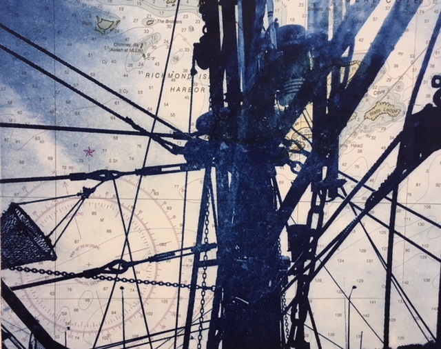 “On the Water,” by Chris Beneman is a solar plate etching on nautical chart … at Green Lion Gallery in Bath through mid-August. Courtesy of David Morgan Chris Beneman